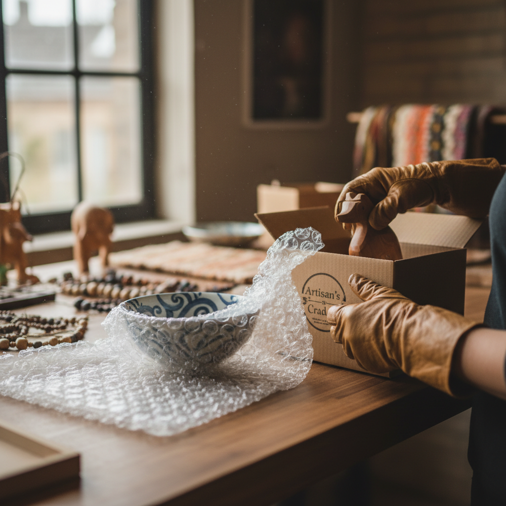 Professional mover carefully wrapping delicate items in bubble wrap and packing materials