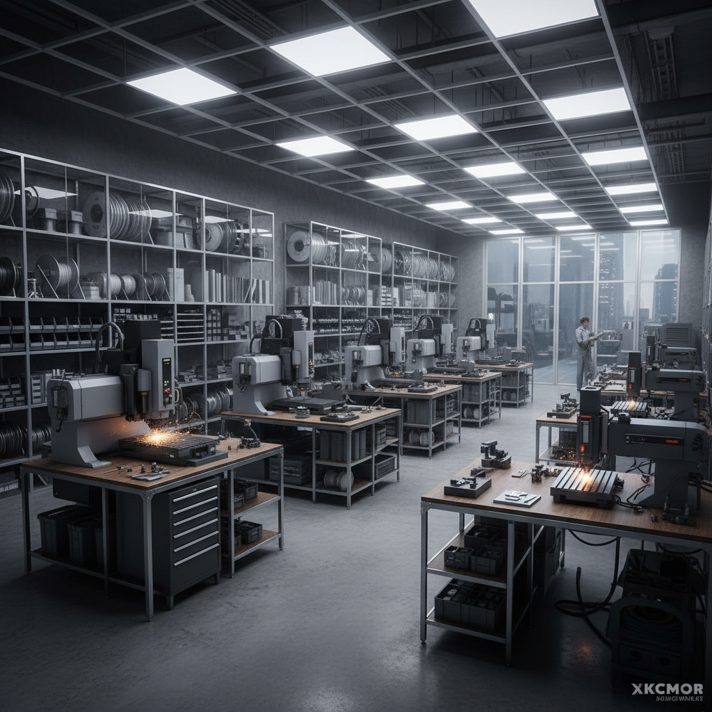Industrial aluminum fabrication workshop, precision cutting equipment, professional setting, clean organized workspace