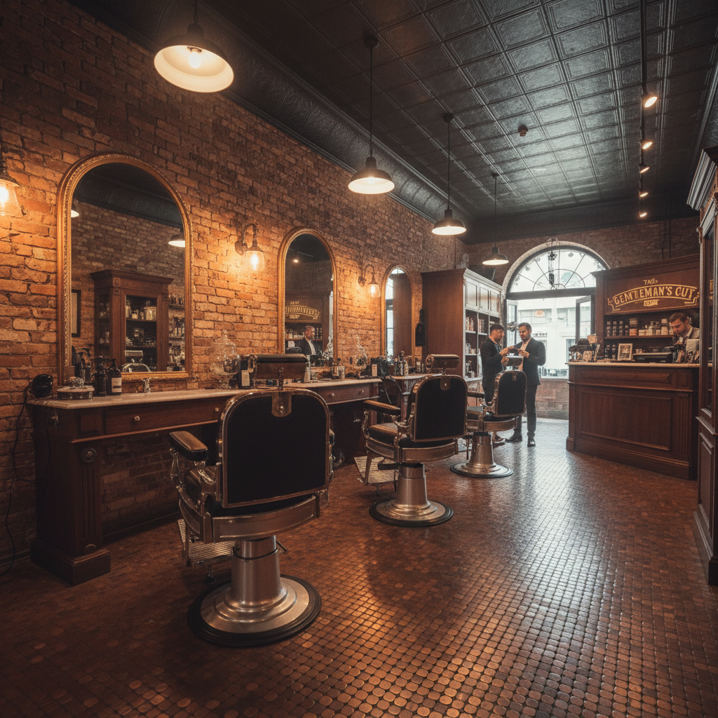 Premium barbershop buildout with penny tile floors, exposed brick walls, and vintage barber chairs