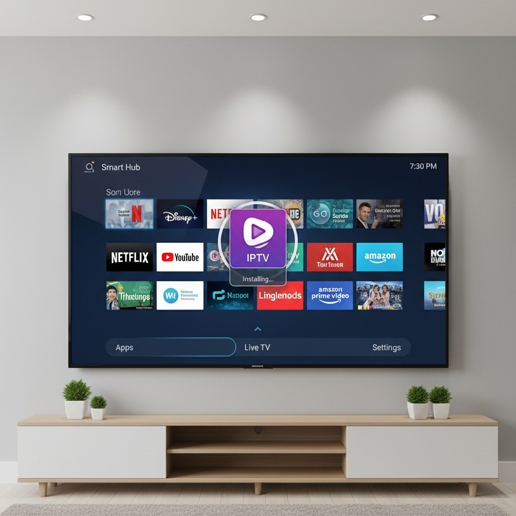 Smart TV Samsung cu meniu de aplicații deschis, instalare aplicație IPTV
