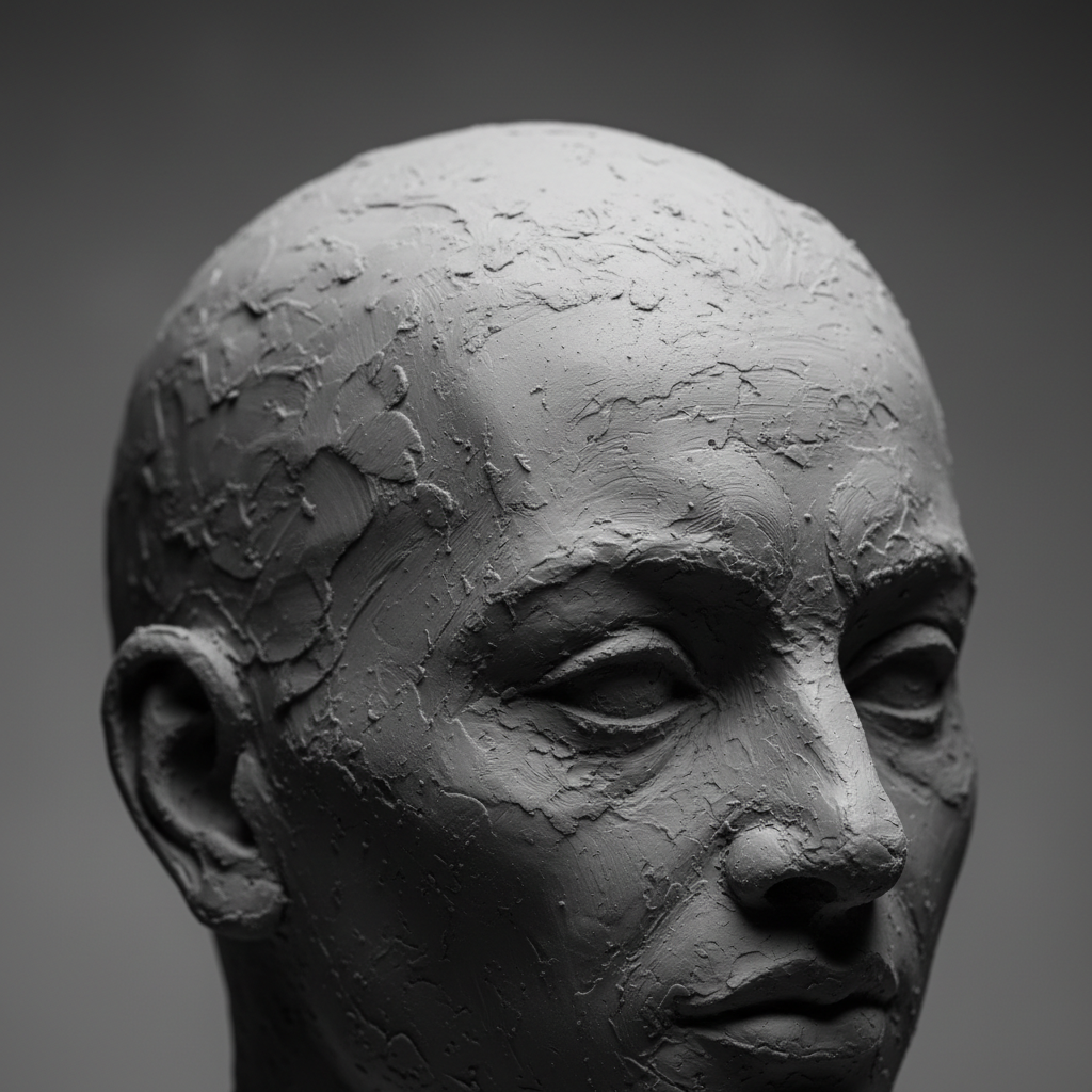 Raw gray sculpting-clay maquette with visible thumbprints and tool marks, monochrome studio lighting