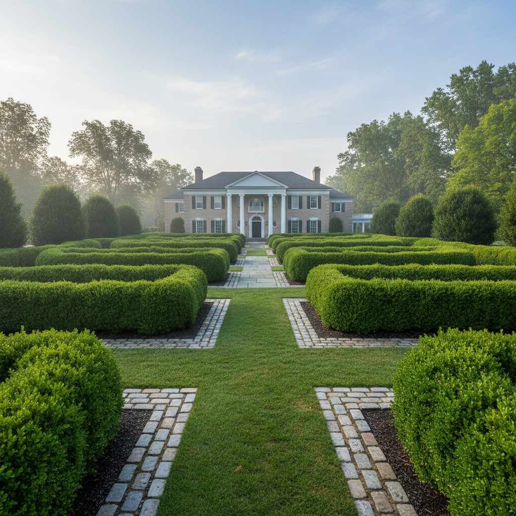 Symmetrical front yard with trimmed boxwood hedges and stone edging under morning light