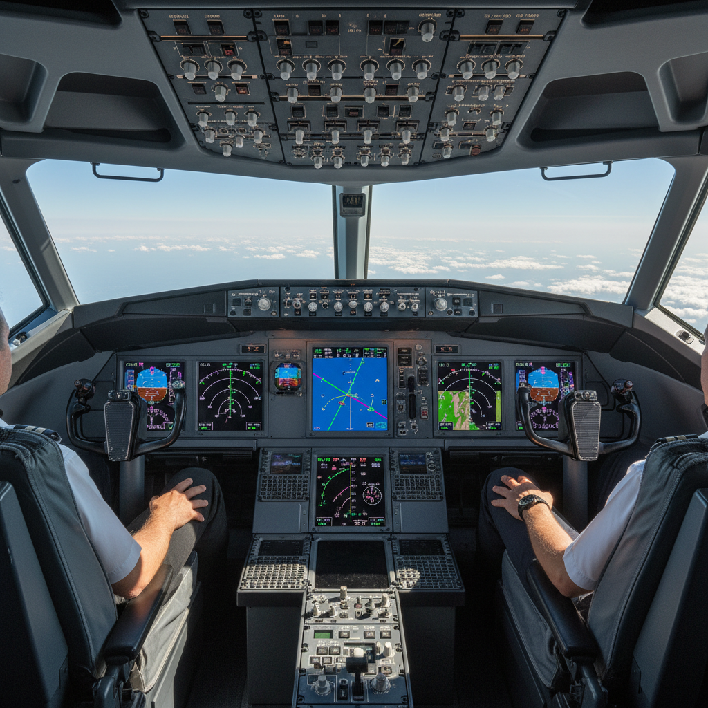 Glass cockpit flight deck at cruising altitude with digital avionics and navigation displays