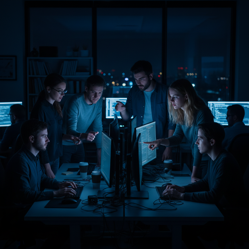 IT team collaborating at computers, dim blue-tinted office environment, dark ceiling, screens glowing in background, atmospheric shadows