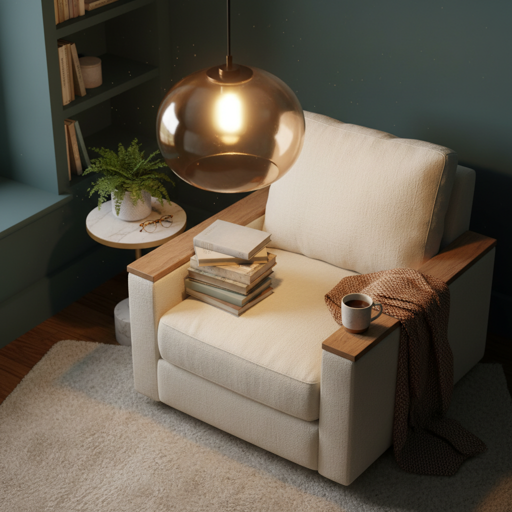 Lumina glass pendant above a reading nook with a linen armchair and a stack of books, warm amber light
