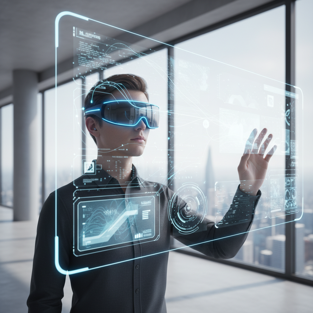 Person wearing AR headset interacting with holographic interface in modern office