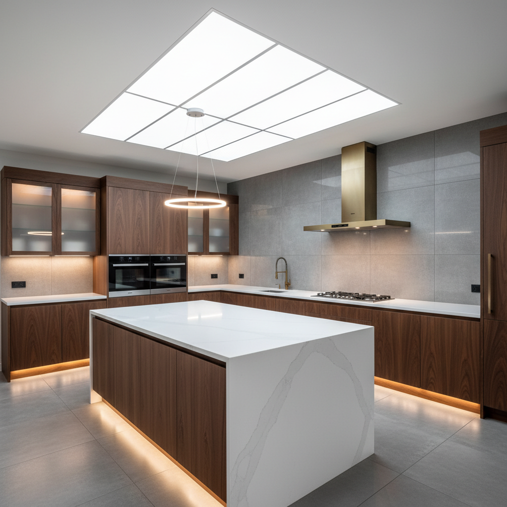 Cocina premium de lujo con materiales de alta gama, iluminación LED avanzada y electrodomésticos de última generación