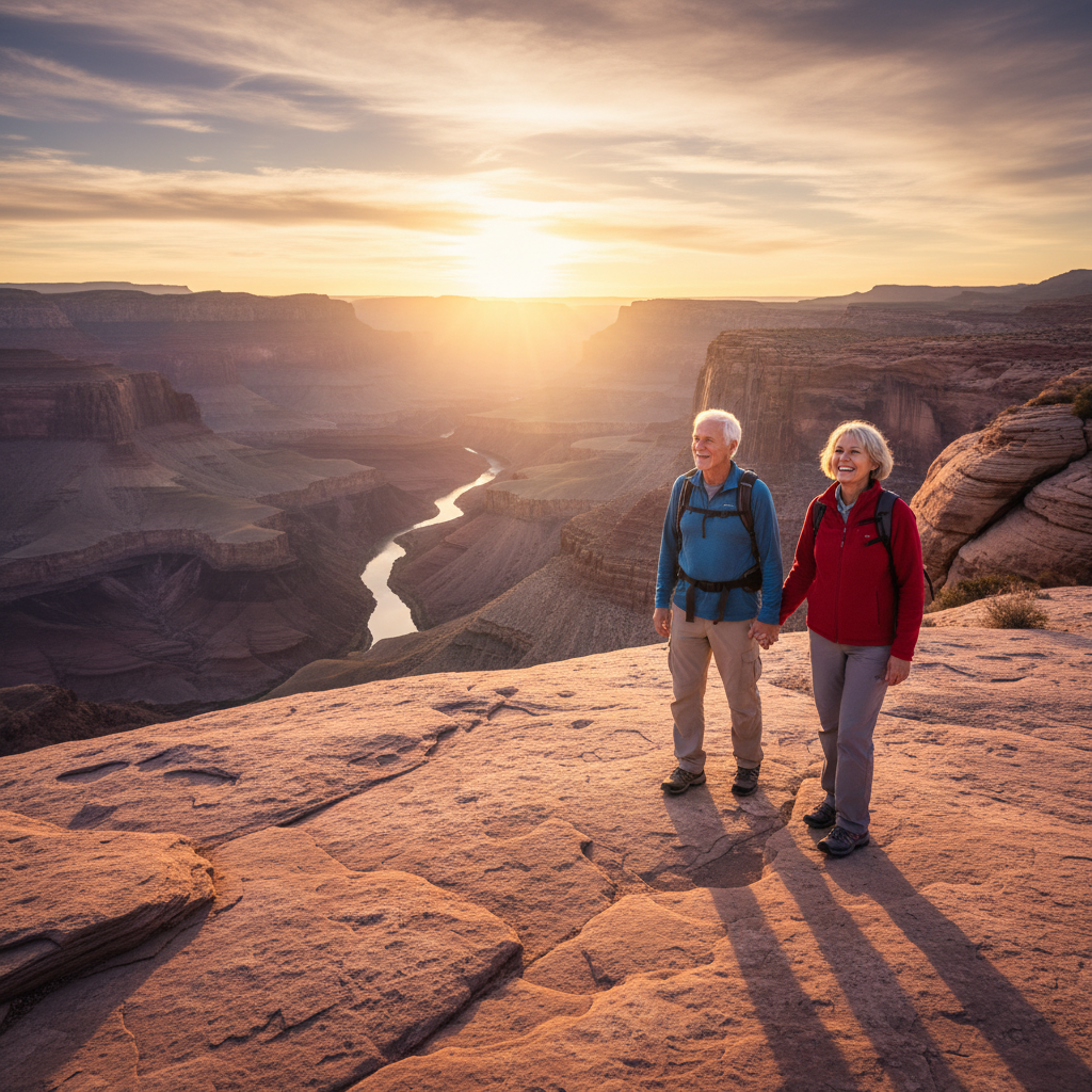 Retired couple hiking on canyon rim trail at sunrise, rocky terrain with canyon views