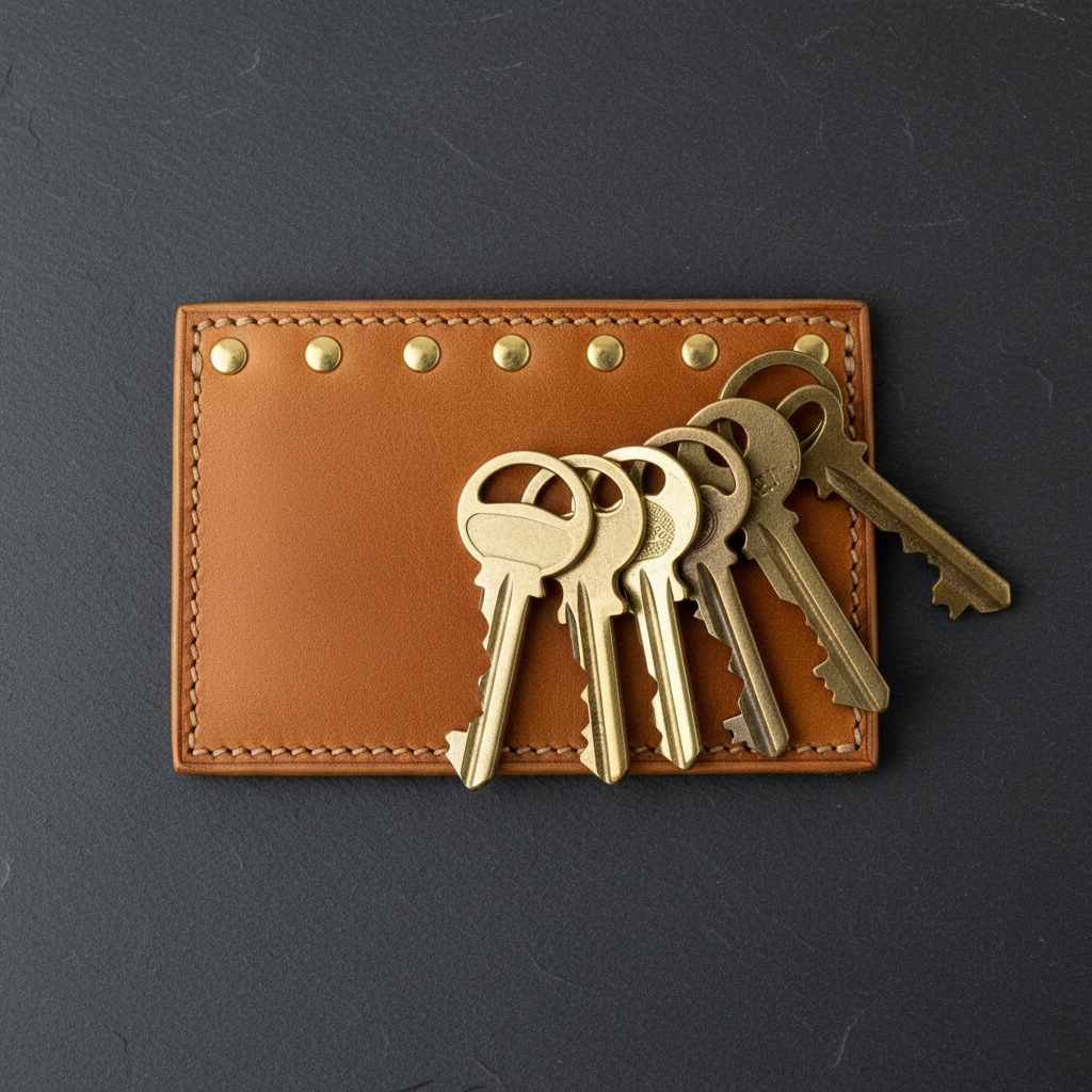 Tan bridle leather key holder with brass pins on dark surface showing organized key arrangement