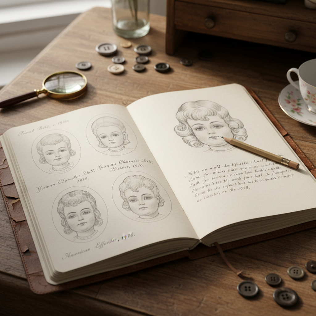 Open collector's notebook with pencil sketches of doll head molds and handwritten identification notes