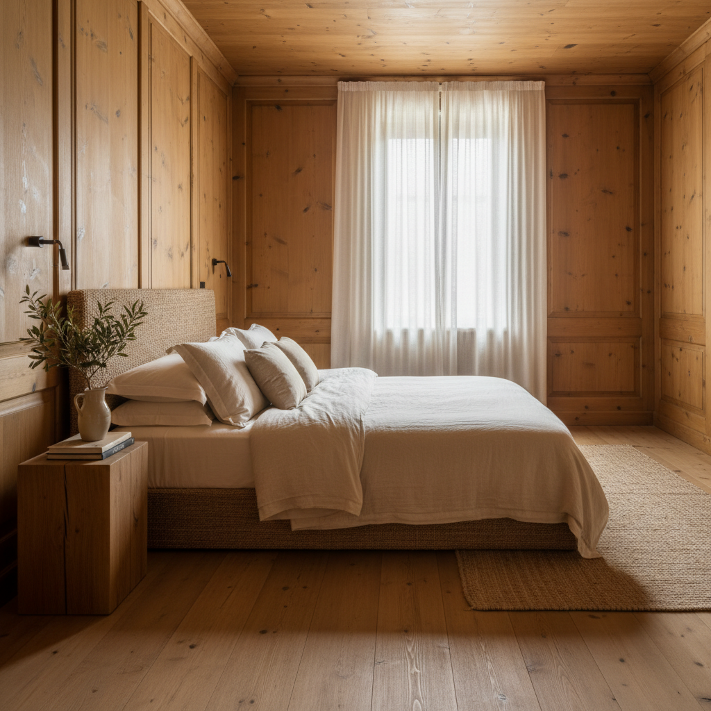 Stylish boutique hotel bedroom with elegant furnishings, warm lighting and individually designed décor