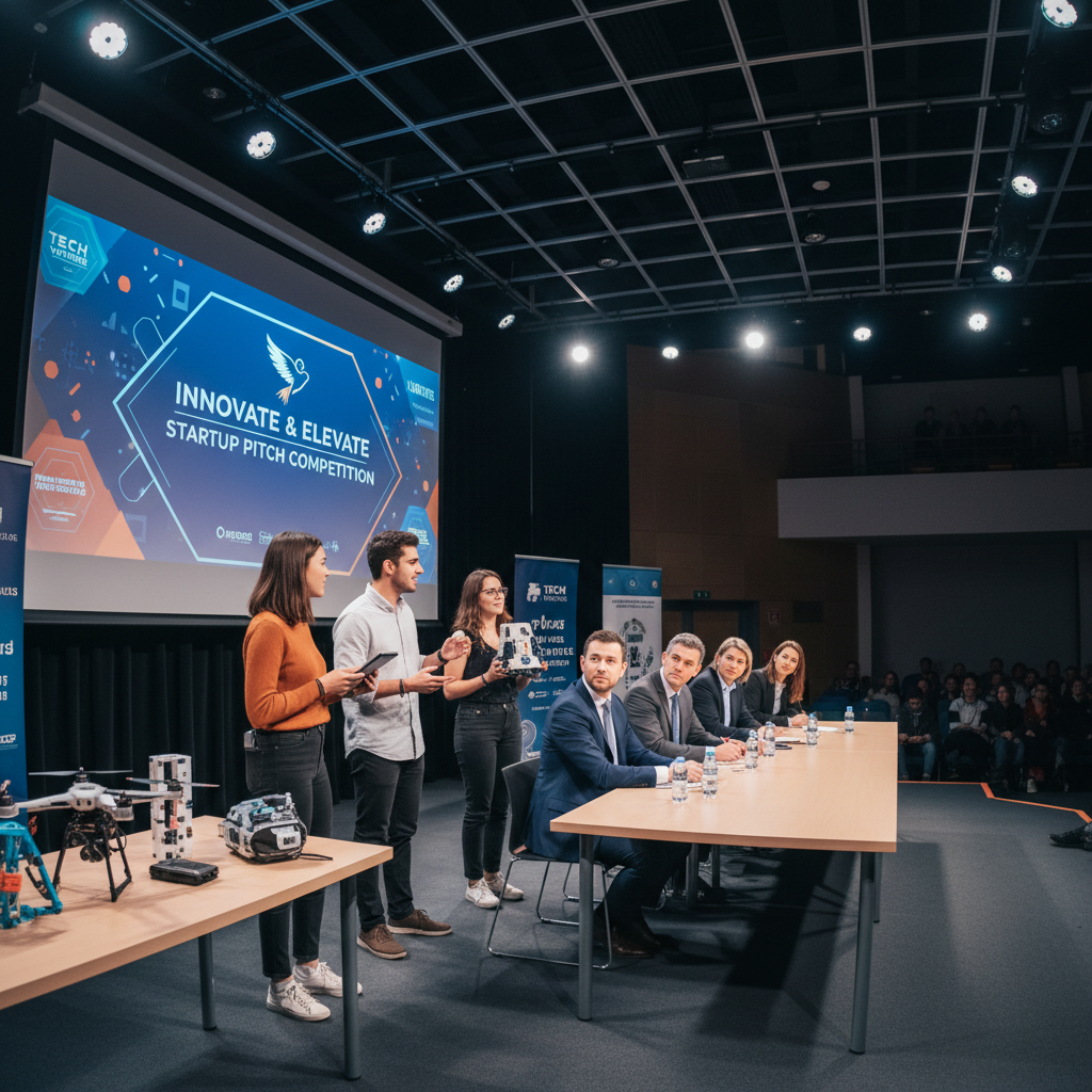 Student entrepreneurs presenting business pitch to judges