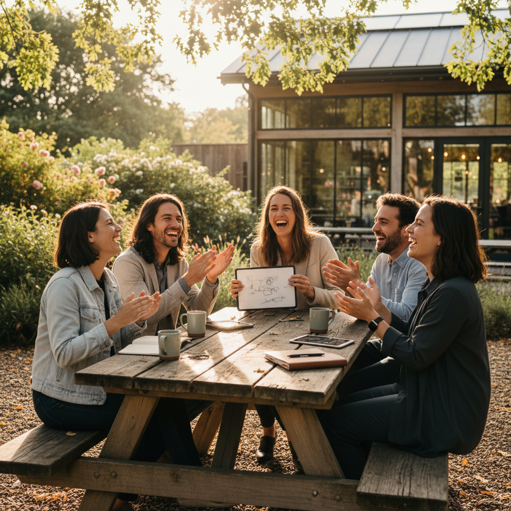 Small group of founders on a retreat, laughing outdoors at a wooden table with coffee and notebooks