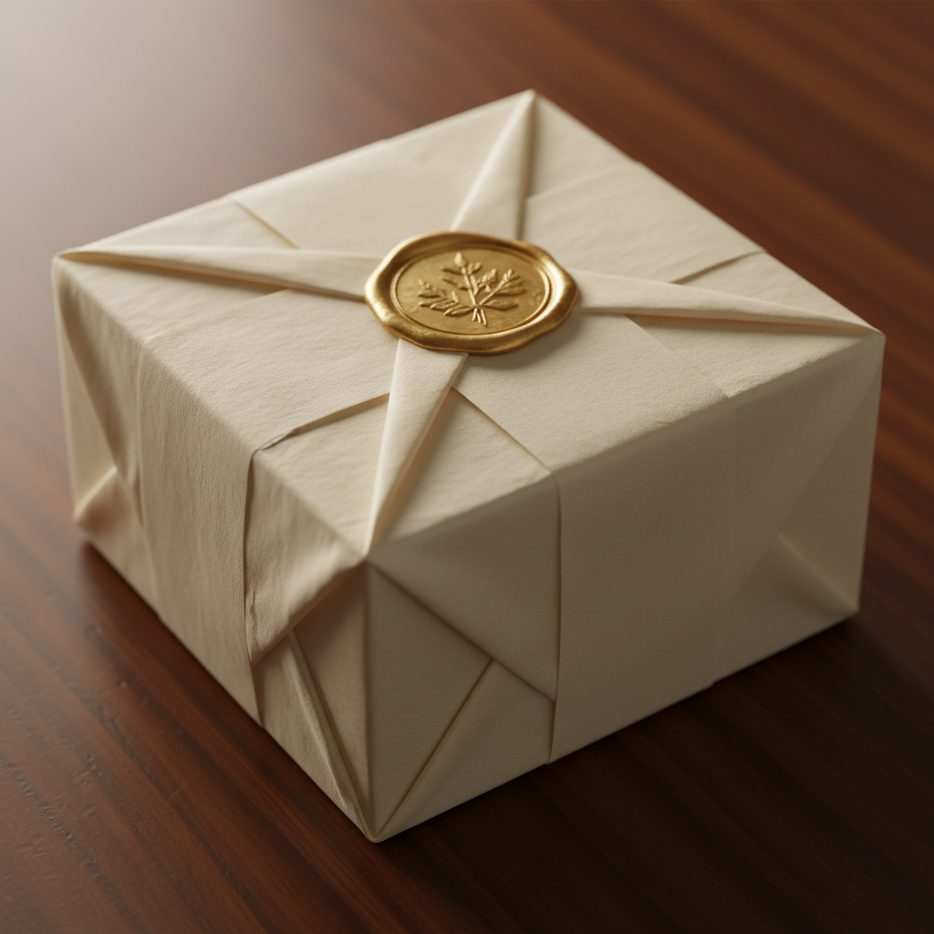 Luxury candle packaging with cream tissue paper and gold wax seal detail
