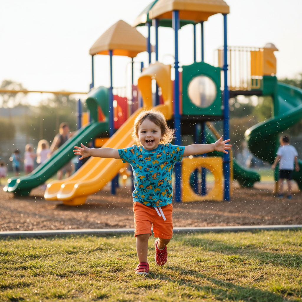 Happy toddler running on a playground with arms spread wide