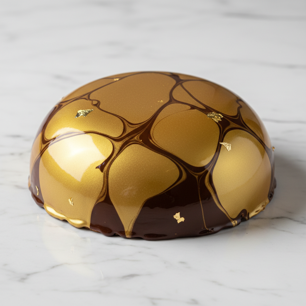 Layered chocolate cake with mirror glaze on marble pedestal, studio lighting