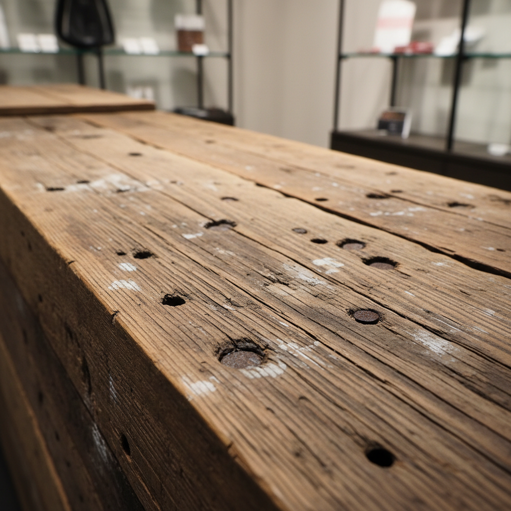 Reclaimed timber counter detail — visible grain, nail holes, and weathering marks on thick-sawn boards used as retail display surface