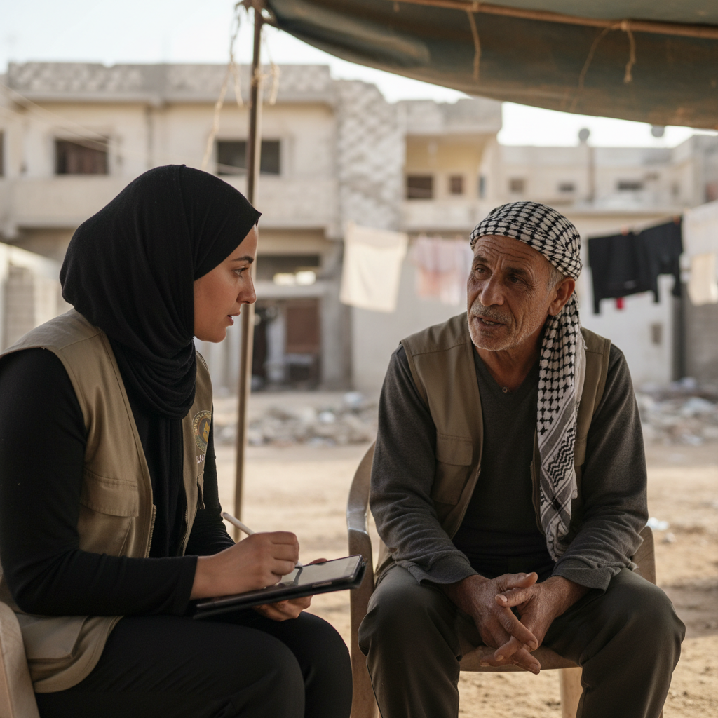 Field monitor in Gaza conducting post-distribution monitoring interview with Palestinian beneficiary