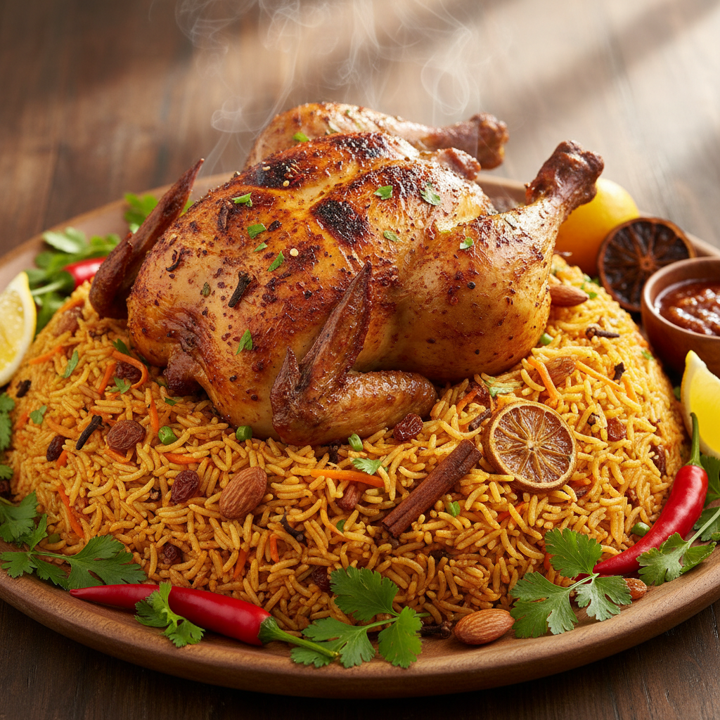 Close-up of perfectly spiced kabsa rice with whole chicken and garnish