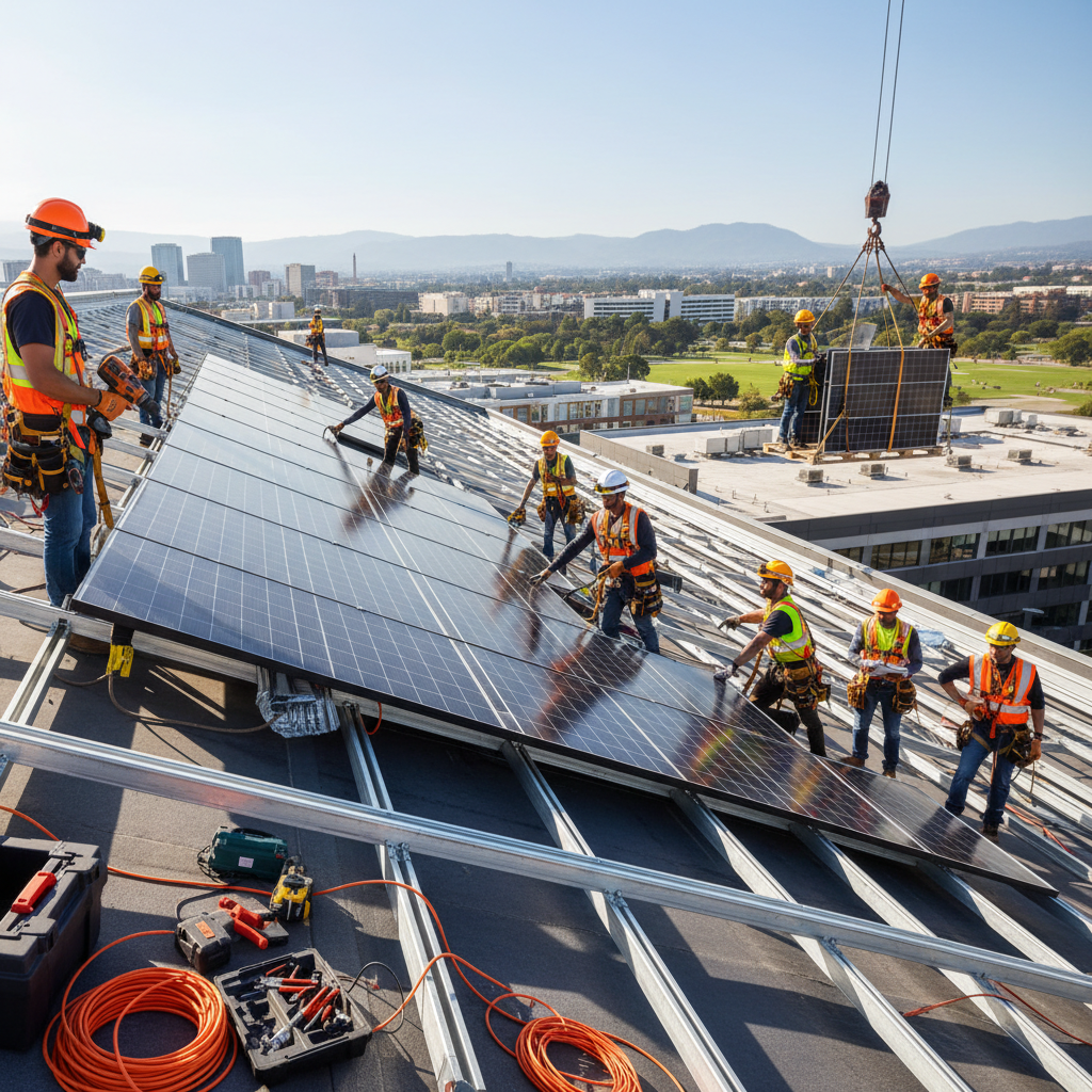Solar technicians installing solar panel array, professional installation team, rooftop work in progress