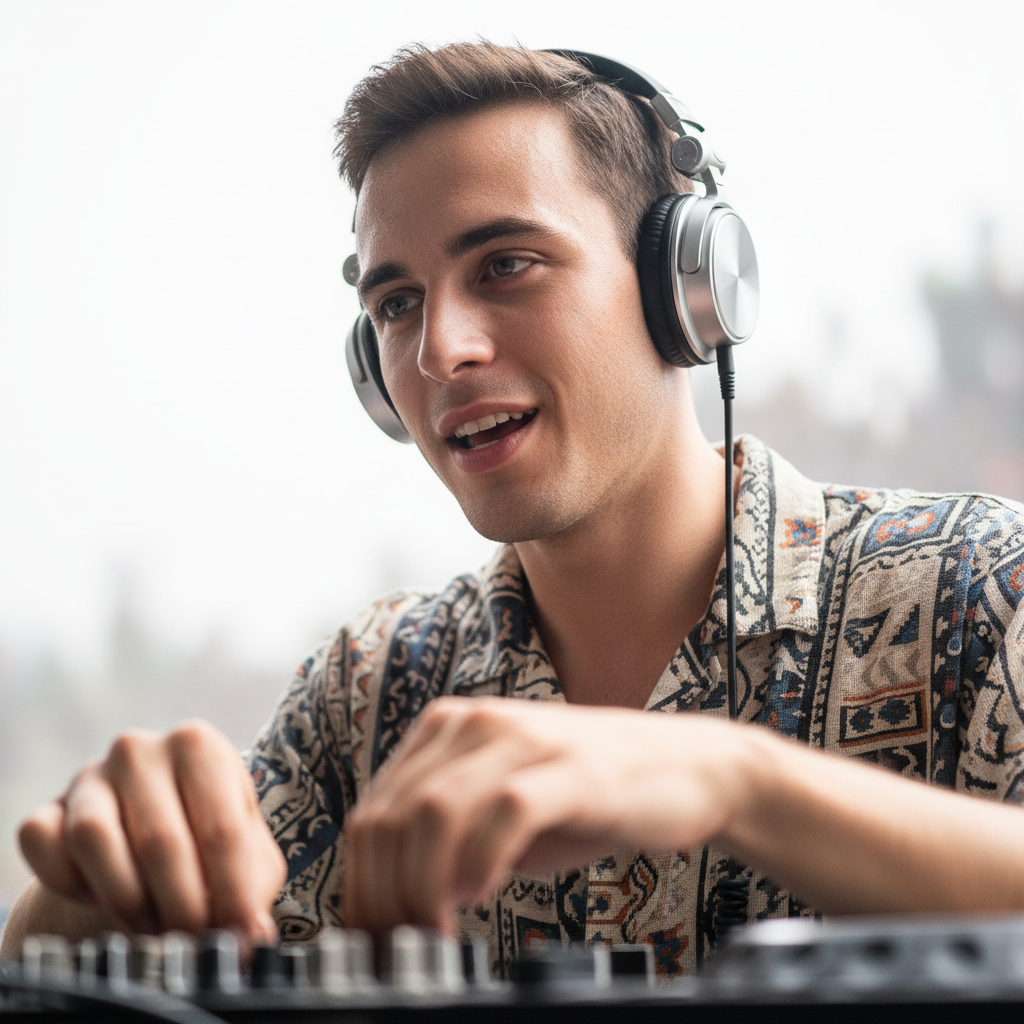 Young male DJ with headphones raised performing at student party