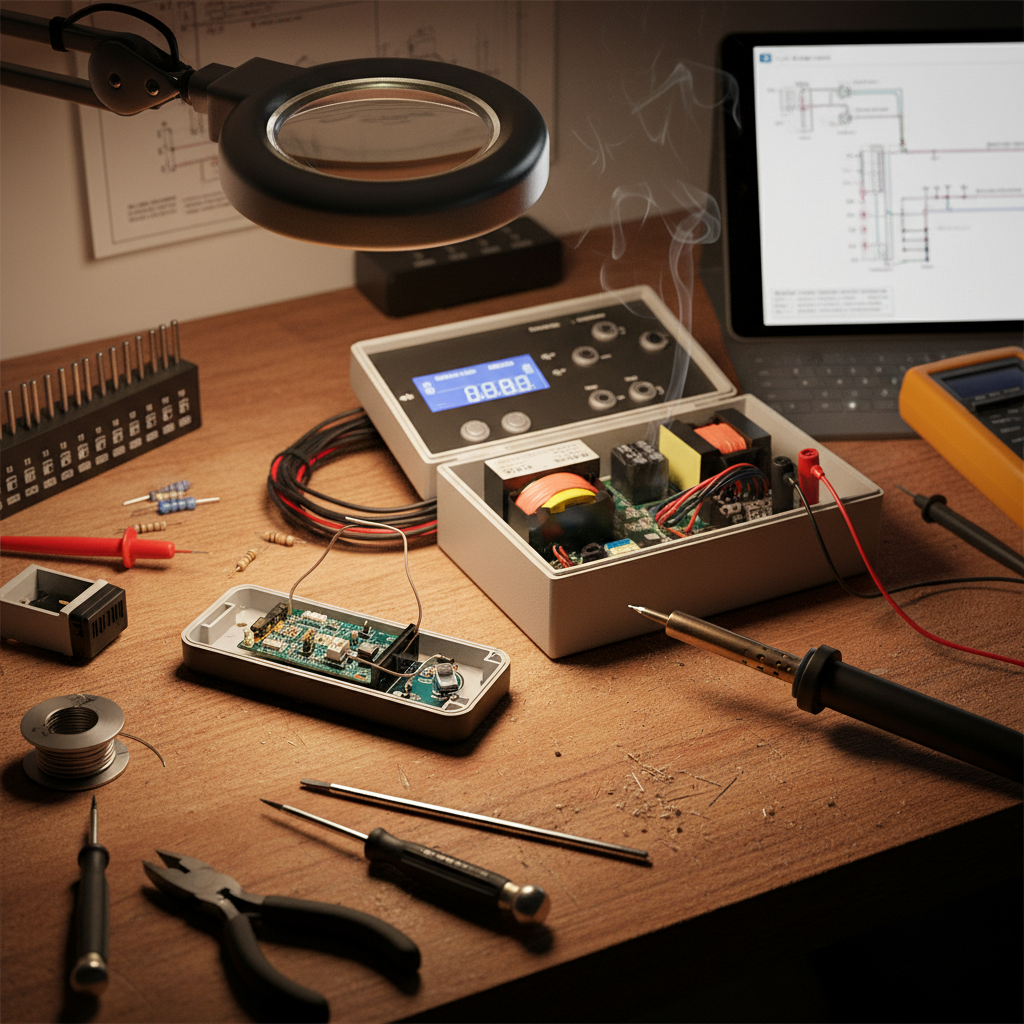 Atelier de réparation électronique avec circuits imprimés et outils de microsoudure, ambiance sombre