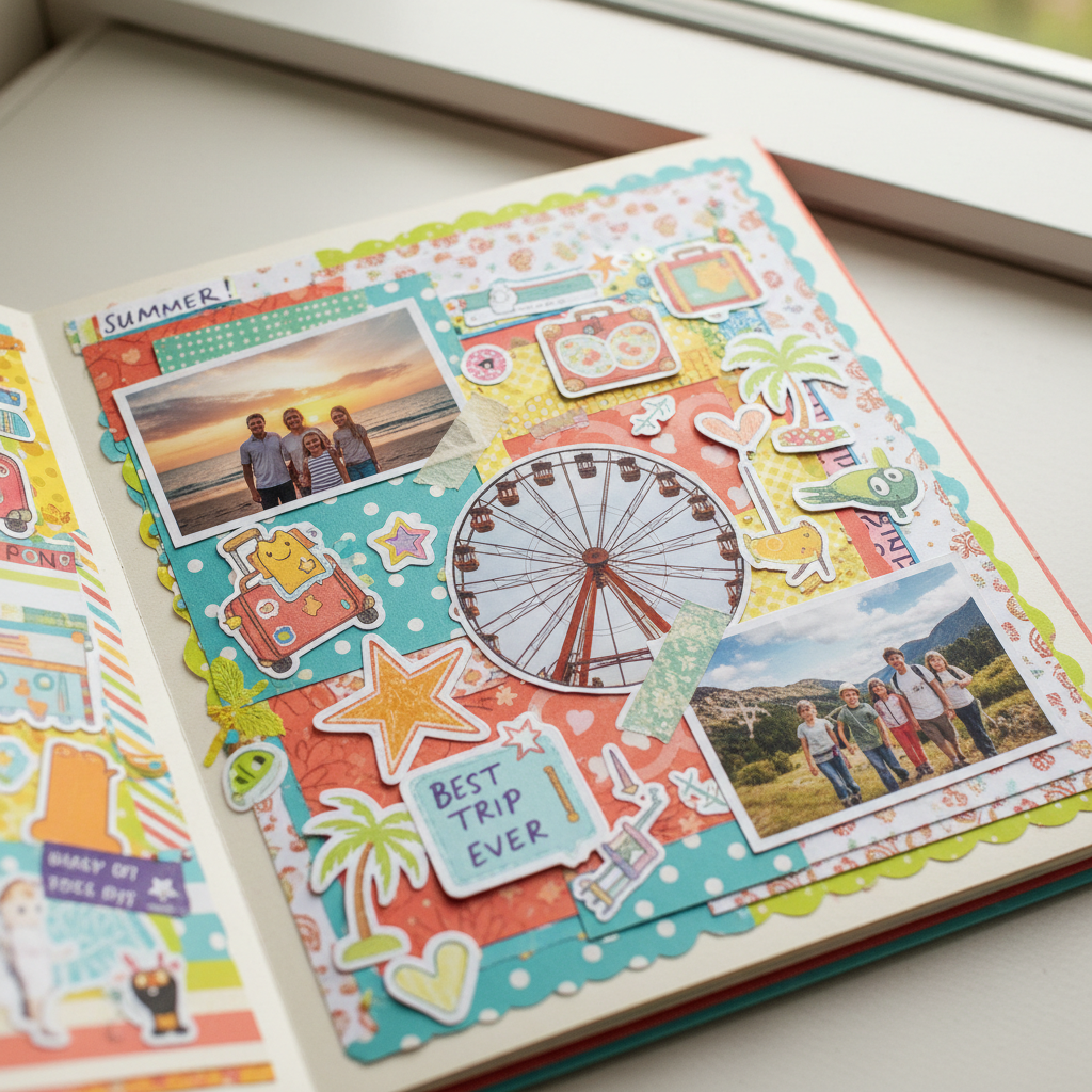 Colorful collage page with layered paper scraps, stickers, and family vacation photographs