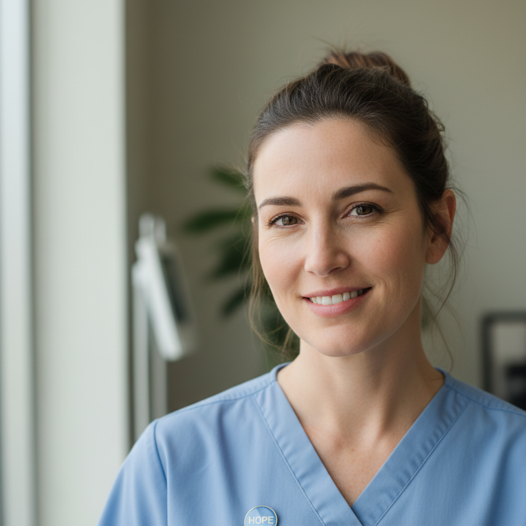 Oncology nurse with compassionate expression in patient room