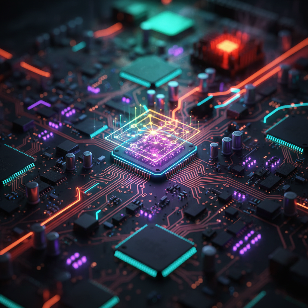Yapay zeka altyapısını temsil eden mavi ışıltılı devre kartı