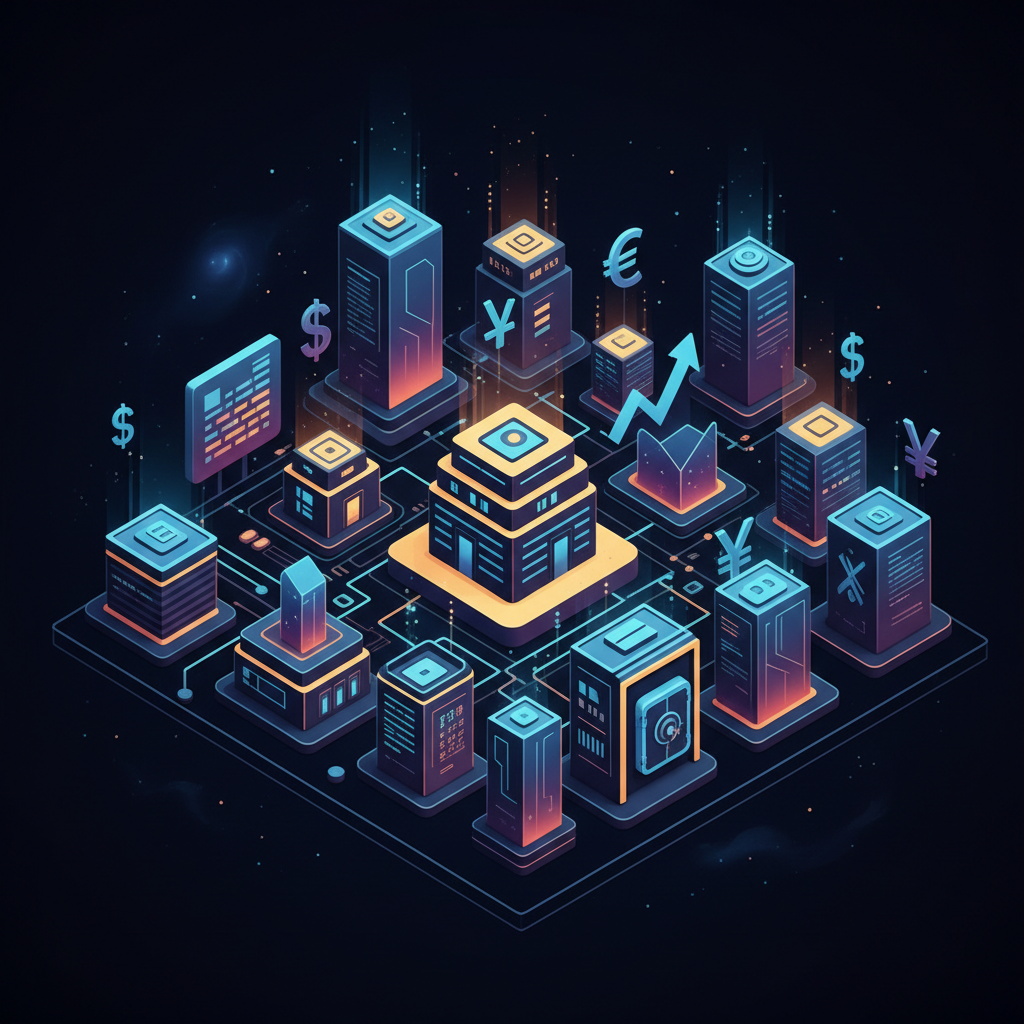 Explosive full-color digital illustration of abstract financial infrastructure rendered as a glowing isometric cityscape