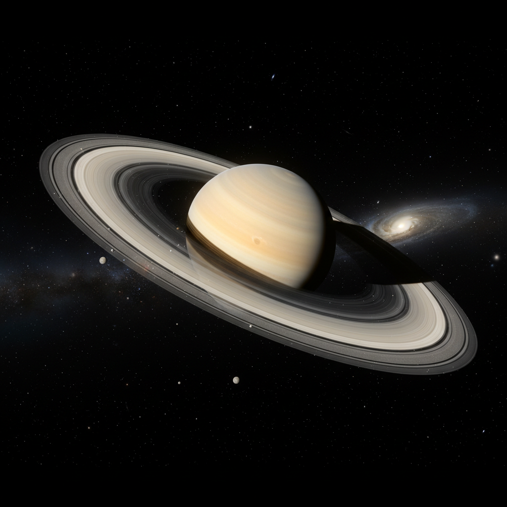 Saturn planet with rings visible, deep space background, dark atmospheric setting, low-key cosmic light