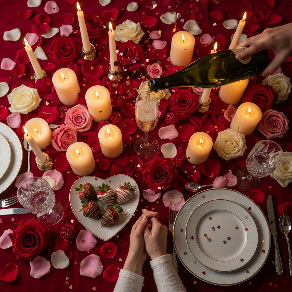 Lush Valentine's tablescape shot from above — confetti mid-fall, candles lit, champagne half-poured, roses everywhere