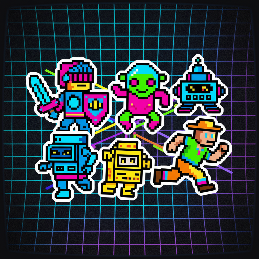 Retro gaming aesthetic with colorful pixel art style visuals on screen