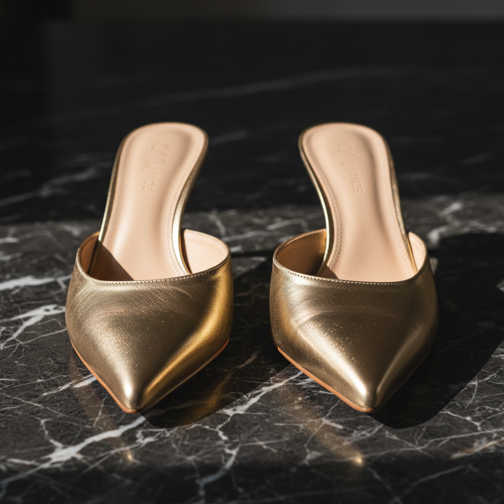 Elegant gold-tone mule sandal on marble surface, warm Mediterranean light, luxury editorial