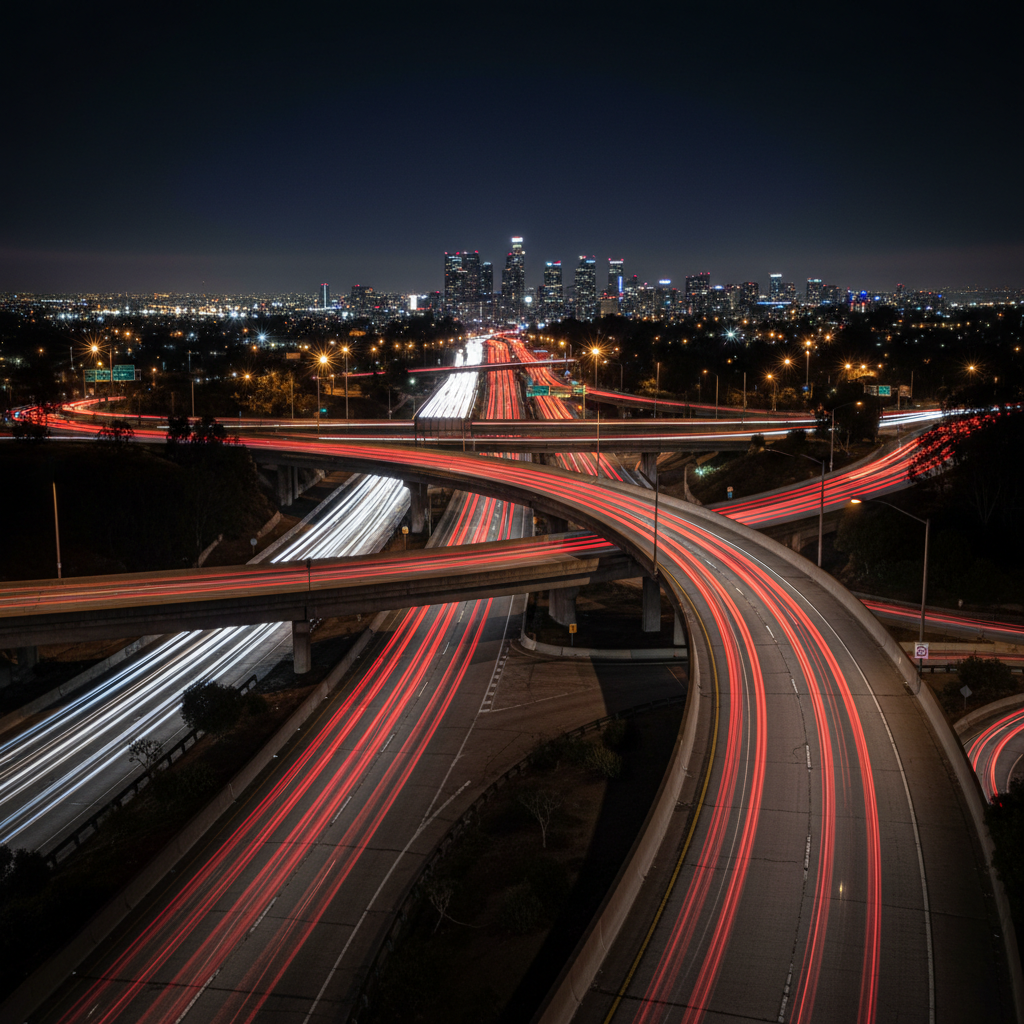 Los Angeles freeway at 2 AM with light trails from passing vehicles