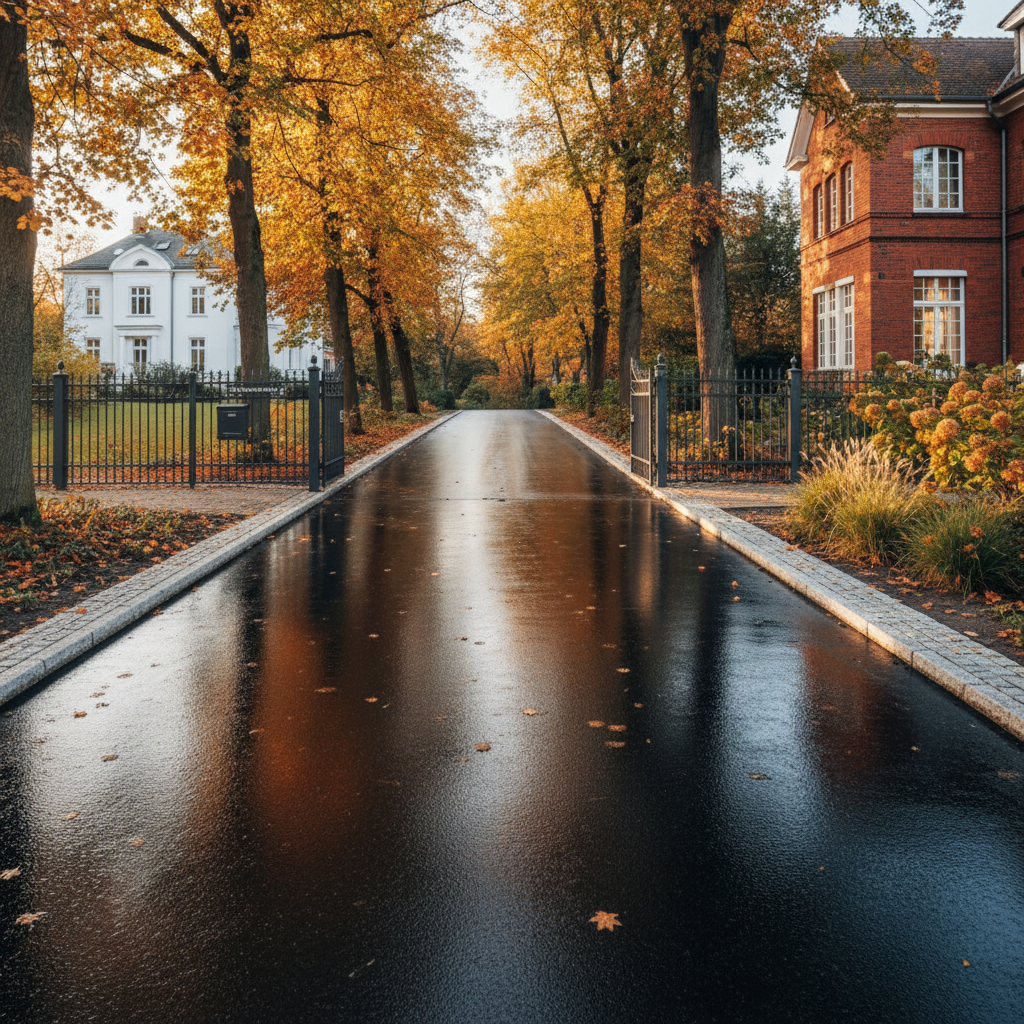 Frisch geteerte private Auffahrt in Berlin-Zehlendorf, glatter schwarzer Asphalt, Randsteine, herbstliche Umgebung