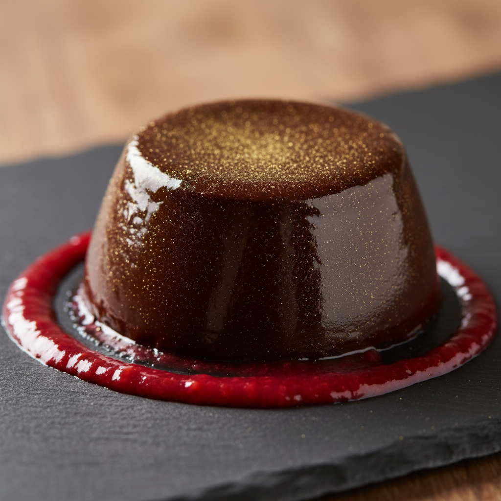 Dark chocolate fondant with molten center, dusted with cocoa and gold leaf on dark slate plate
