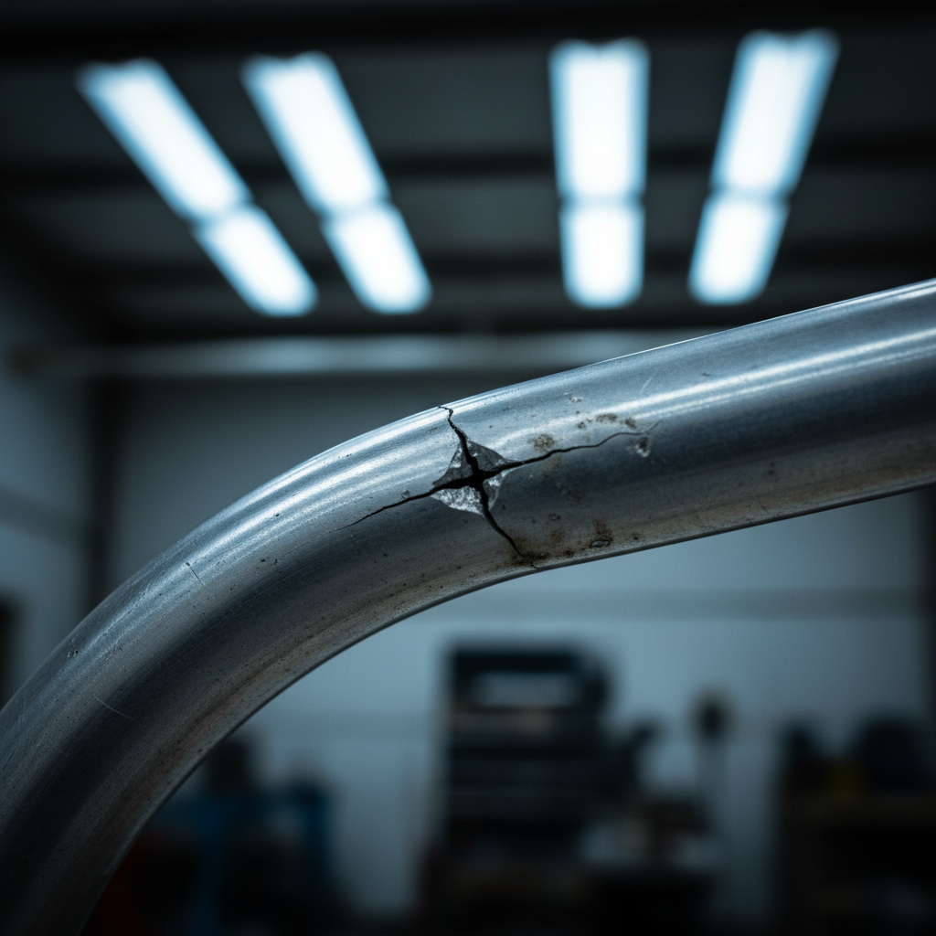 Cracked aluminum boat railing before welding repair — fracture visible under harsh fluorescent shop light