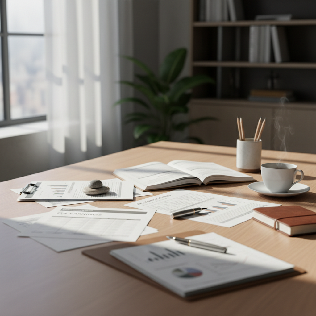 Clean desk with financial documents, a quality pen, and minimal objects suggesting careful deliberation