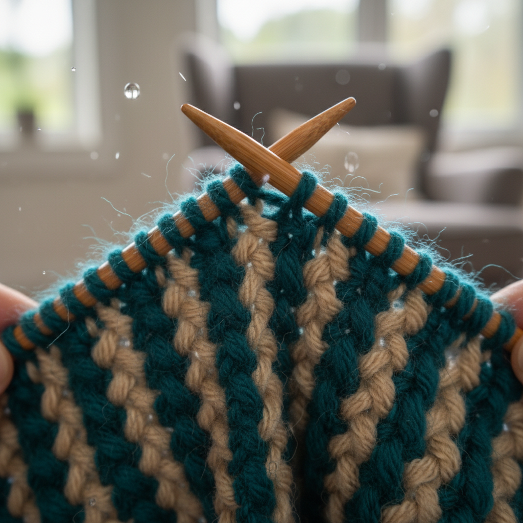 Slow motion footage of brioche stitch being worked in two-color deep teal and warm oatmeal yarn