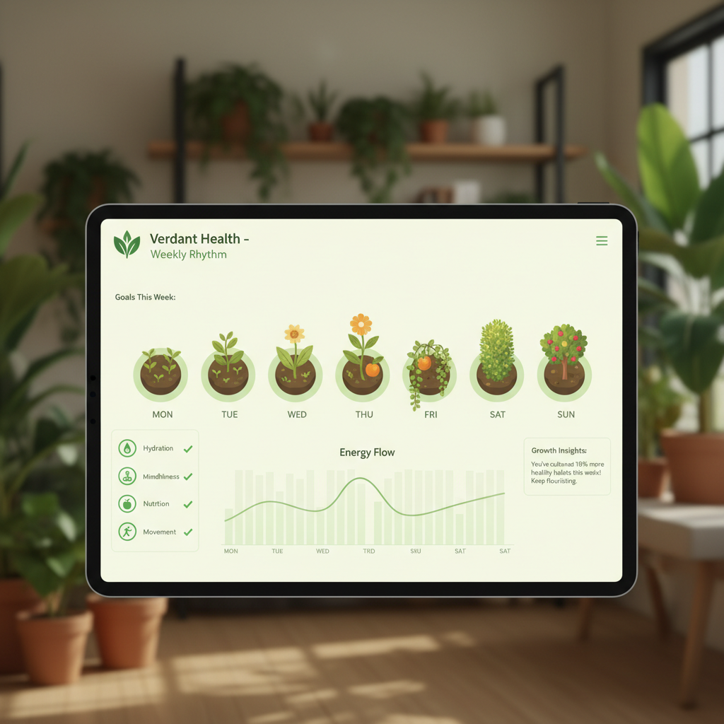 Mobile health app screens on white background, soft green tones, clean typography, calm wellness aesthetic