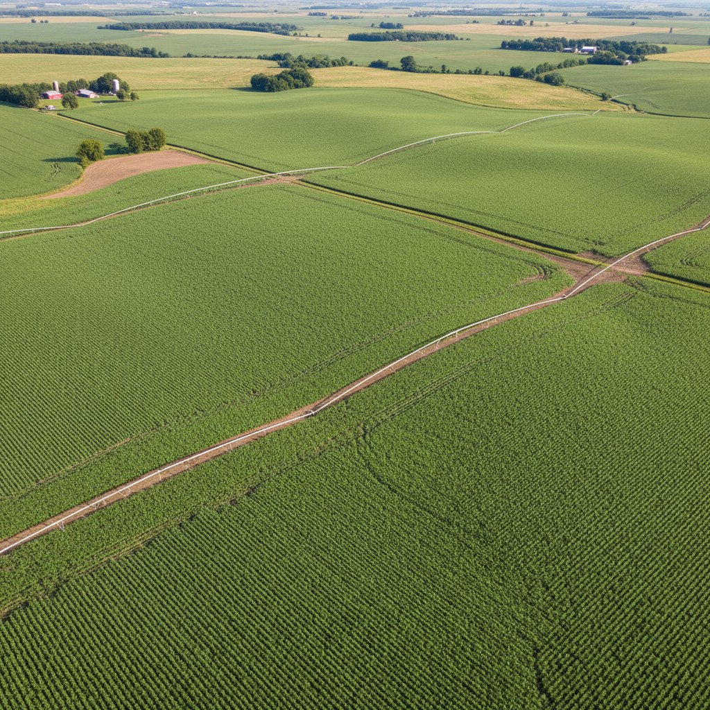 Aerial view of corn rows in Champaign County Illinois farmland with irrigation lines