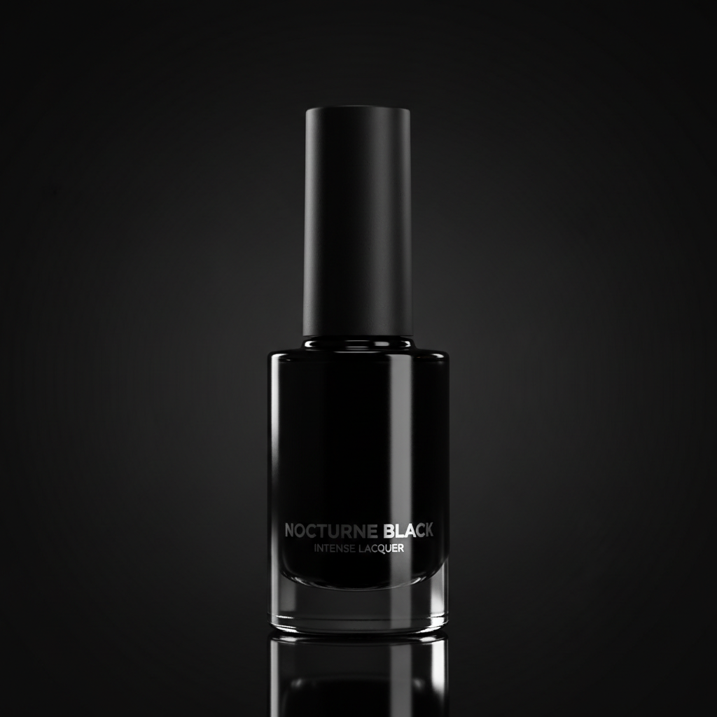 Luxury nail polish bottle with deep black shade on white surface minimal styling