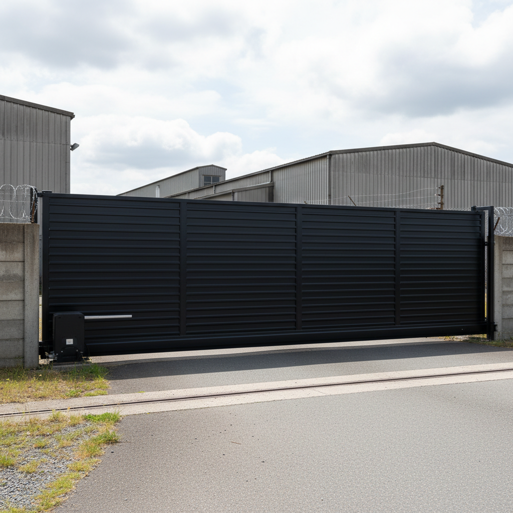 Modern industrial steel entrance gate installation with automated motor, suburban setting