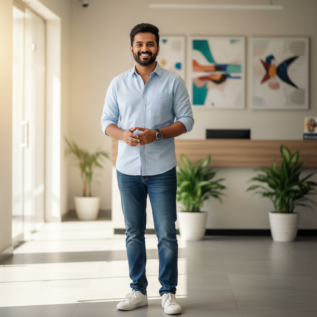 James O'Brien, man with friendly smile at a standing desk in modern home office