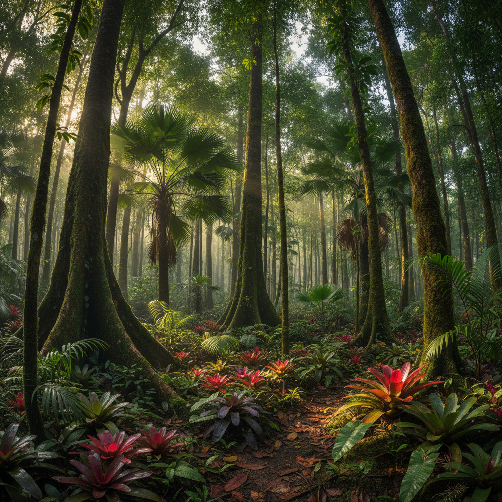 Dense tropical forest with tall trees, thick canopy, shafts of sunlight through misty green foliage, dark rich undergrowth, atmospheric and lush