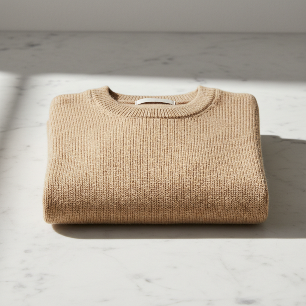 Navy merino knit sweater folded on clean surface, minimal product photography, soft lighting