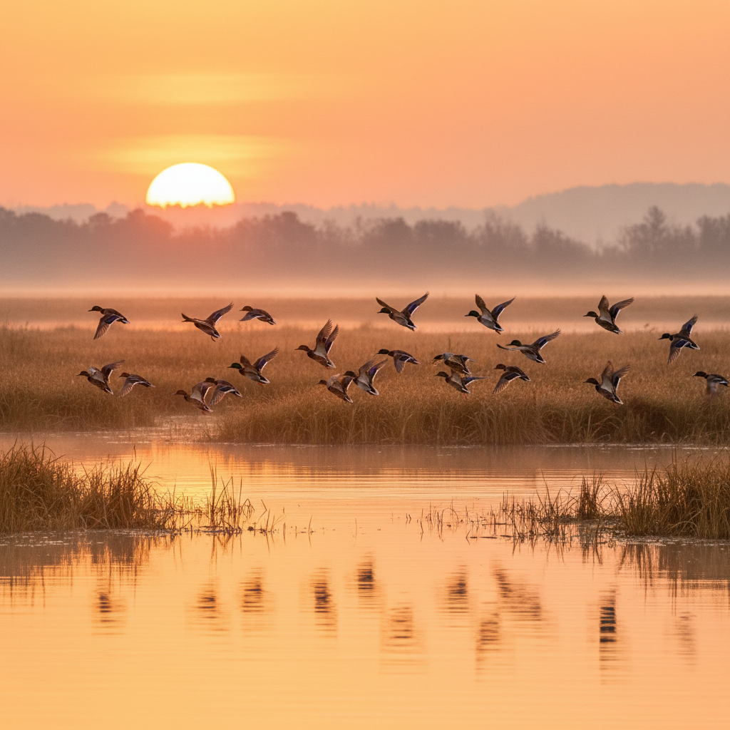 Flock of ducks in flight over wetland marshes at sunrise