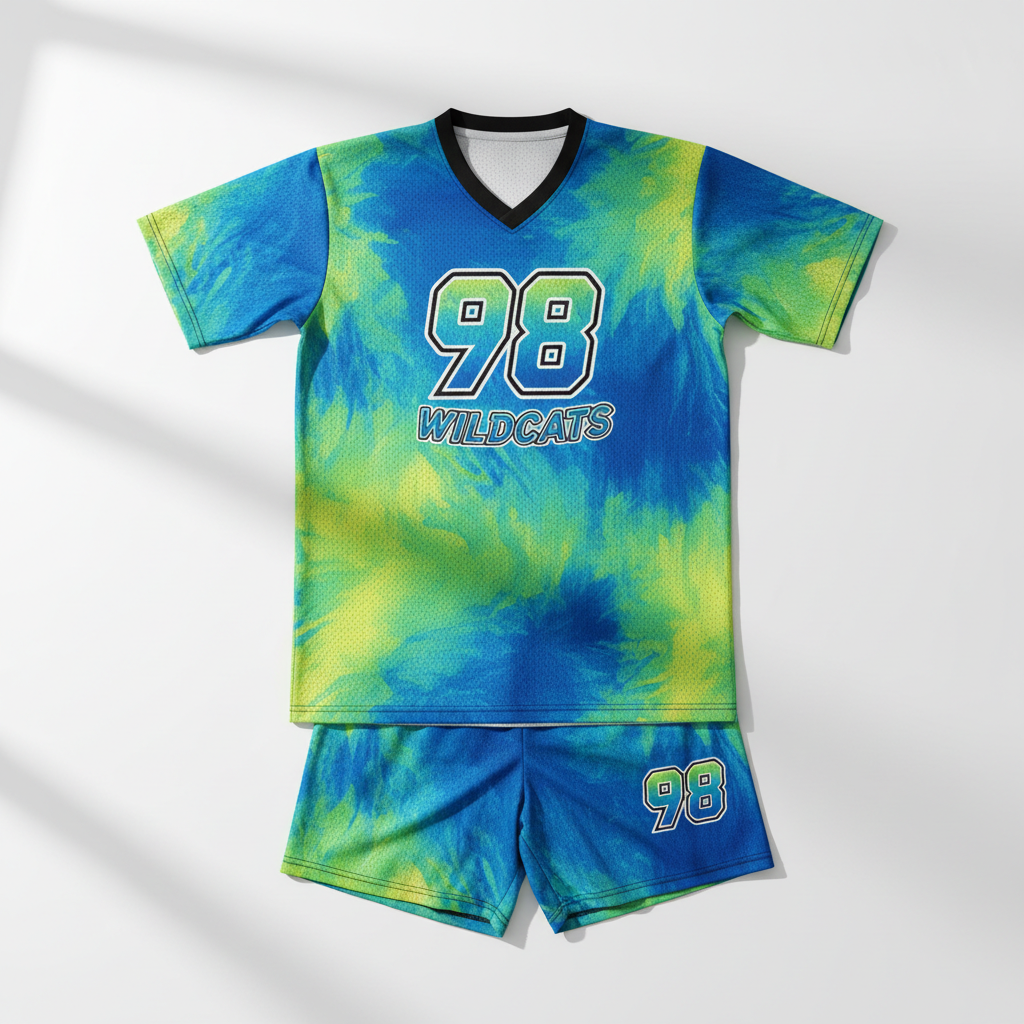 Sports jerseys with printed names and numbers, bright airy sports photography background