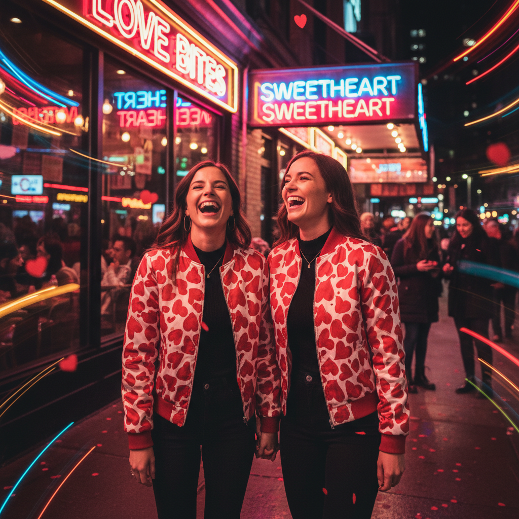 Stylish couple in coordinated Valentine outfits — matching heart-print jackets, laughing in a neon-lit restaurant